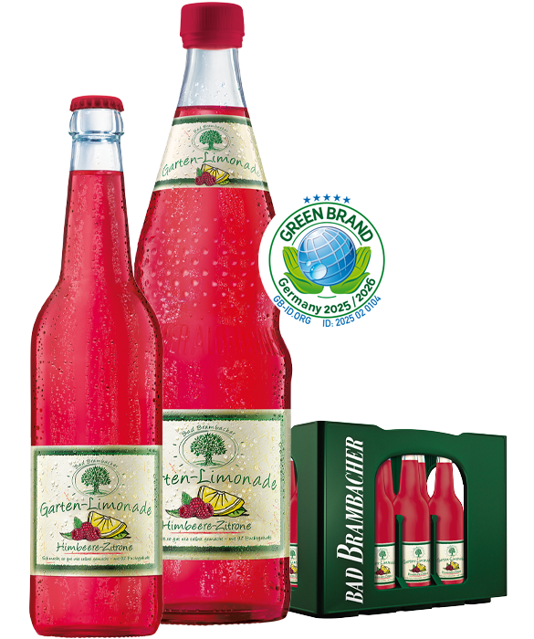 2 Flaschen und Kasten Brambacher Garten-Limonade Himbeere-Zitrone